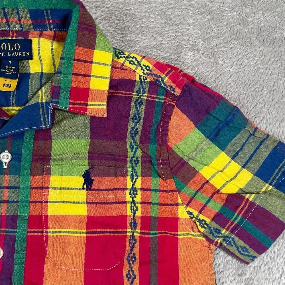 Ralph Lauren Boy's Size 7‎ Plaid Oxford Short Sleeve Button-Up Shirt Multicolor